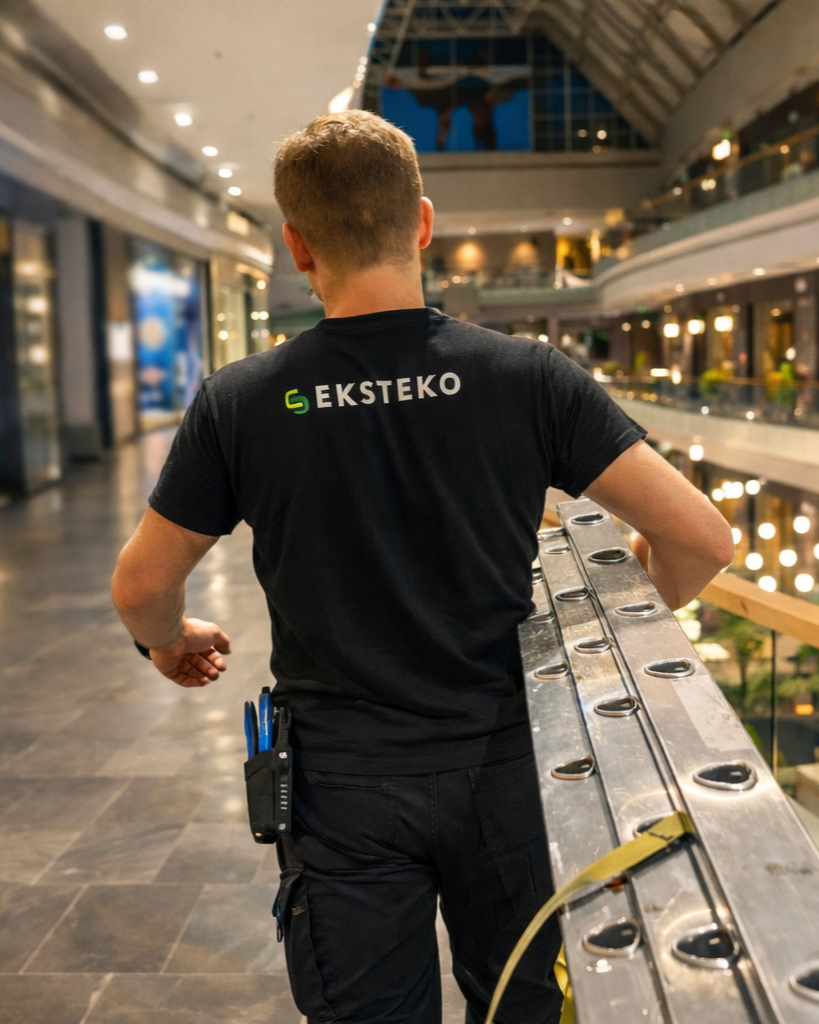 Eksteko darbuotojas su kopėčiomis