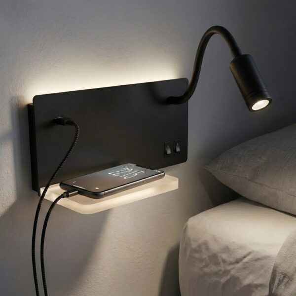 Šviestuvas nocna z półką Shelf Led 4W+5W+2W prawa Juodas