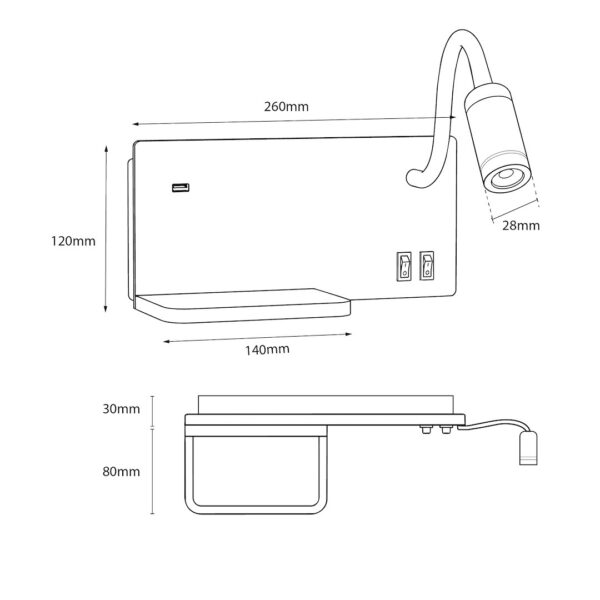 Šviestuvas nocna z półką Shelf Led 4W+5W+2W prawa Juodas