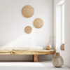 Wooden bench made from rough wood slab. Rustic boho farmhouse home interior design of modern living room. Sieninis šviestuvas Luna Wood ąžuolas 8 600