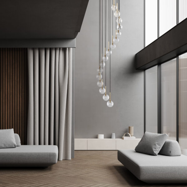 Modern dark and open space living room or hotel, grey sofa, nat AURORA TRANSPARENT PAKABINAMAS ŠVIESTUVAS 16