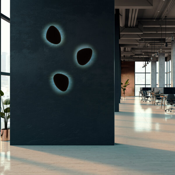 Modern office interior with furniture, panoramic windows with city view, empty mock up place on black wall. 3D Rendering. Sieninis šviestuvas Stone Black 3
