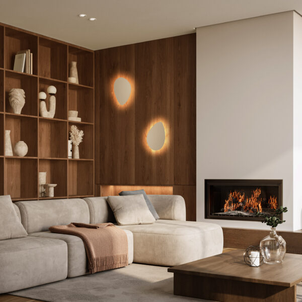 Minimalist living room interior with modern fireplace and white Sieninis šviestuvas Stone Sabia 2