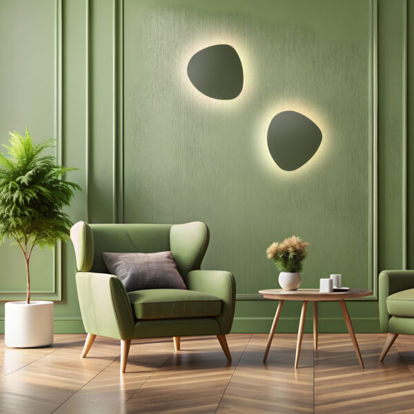 Olive green modern interior with soft armchairs and green wall template, ideal for a cozy, contemporary living space Sieninis šviestuvas Stone Green 3
