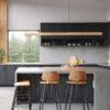 A minimalist kitchen with matte black cabinets open metal shelvi Pakabinamas LED šviestuvas Viga Wood sendinta pušis 24W