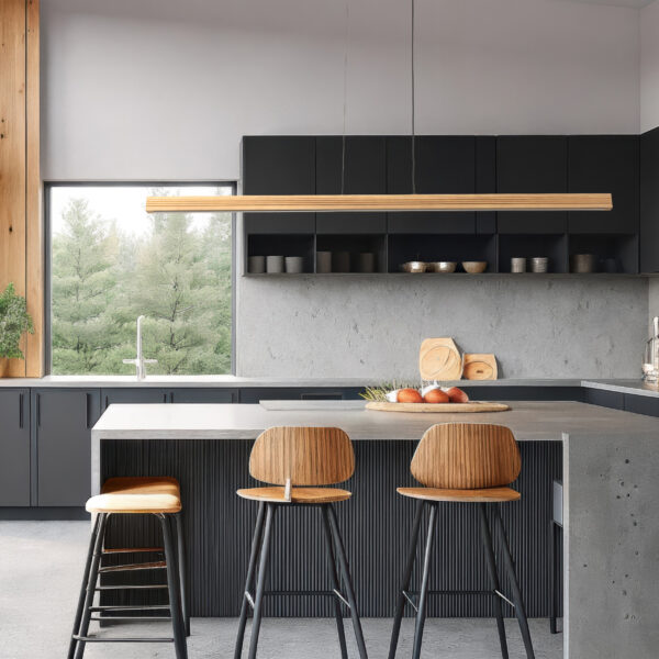 A minimalist kitchen with matte black cabinets open metal shelvi Pakabinamas LED šviestuvas Viga Wood sendinta pušis 24W
