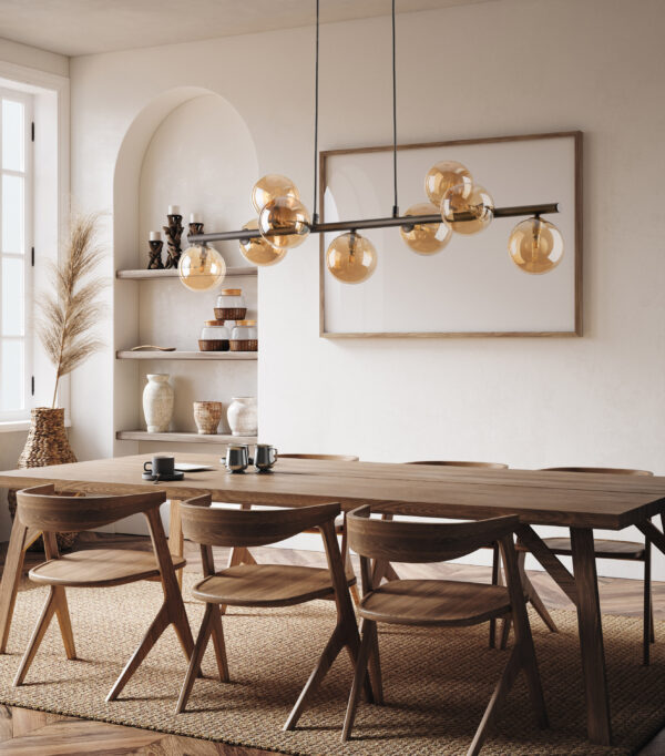 Frame mockup in nomadic boho kitchen interior with rustic decor, Pakabinamas šviestuvas Estera Brown 9
