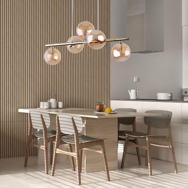 Modern living room in beige tones and wooden wall details, sofa, Pakabinamas šviestuvas Estera Gold 5
