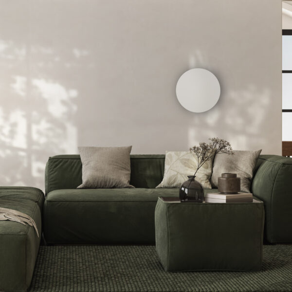 Modern interior of open space with design modular green sofa, fu Luna Beige 400 sieninis šviestuvas 4