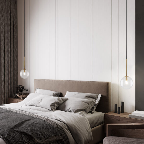 Modern style bedroom interior with wooden panel wall with light, Pakabinamas šviestuvas Nilos Black Gold 1