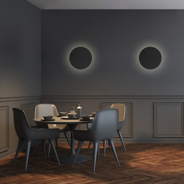 Gray loft cafe interior, gray chairs Sieninis šviestuvas Luna Black 300
