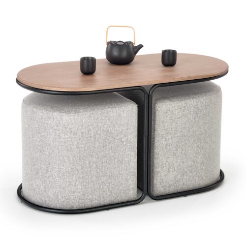 PAMPA, žurnalinis staliukas su pouffes, viršus: riešutas, kojelės: juoda, pufas: pilka