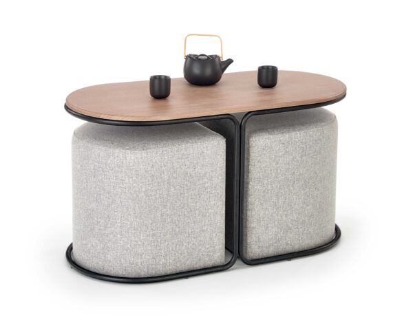 PAMPA, žurnalinis staliukas su pouffes, viršus: riešutas, kojelės: juoda, pufas: pilka