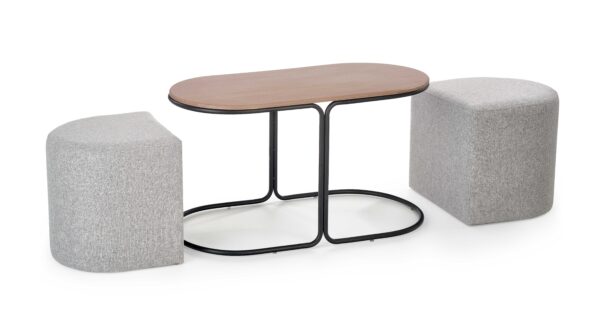 PAMPA, žurnalinis staliukas su pouffes, viršus: riešutas, kojelės: juoda, pufas: pilka
