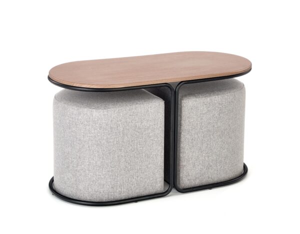 PAMPA, žurnalinis staliukas su pouffes, viršus: riešutas, kojelės: juoda, pufas: pilka