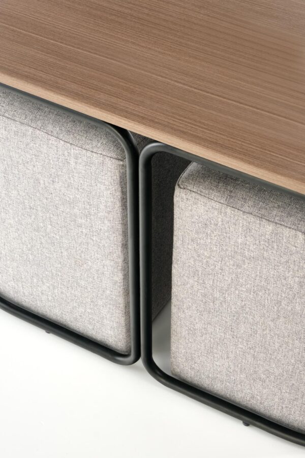 PAMPA, žurnalinis staliukas su pouffes, viršus: riešutas, kojelės: juoda, pufas: pilka