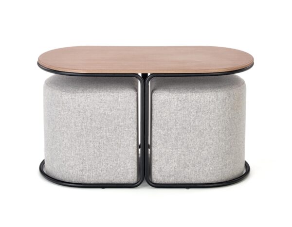 PAMPA, žurnalinis staliukas su pouffes, viršus: riešutas, kojelės: juoda, pufas: pilka