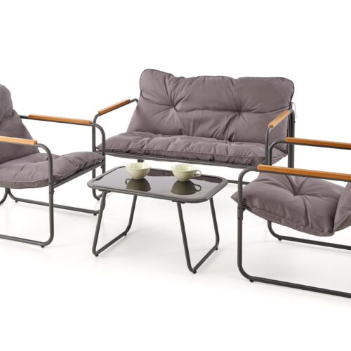 HUDSON lauko rinkinys (sofa, kėdė 2x, c. stalas), pilka / ruda