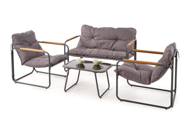 5905248135390_1 HUDSON lauko rinkinys (sofa, kėdė 2x, c. stalas), pilka / ruda