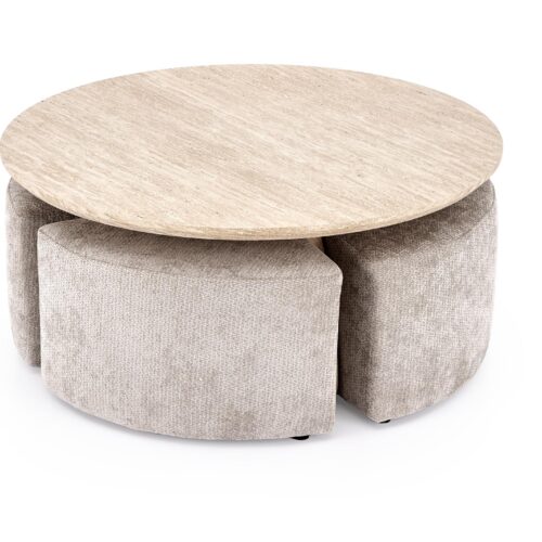 NUGAT žurnalinis staliukas su pouffes, stalas: travertinas, pufas: l.pilka