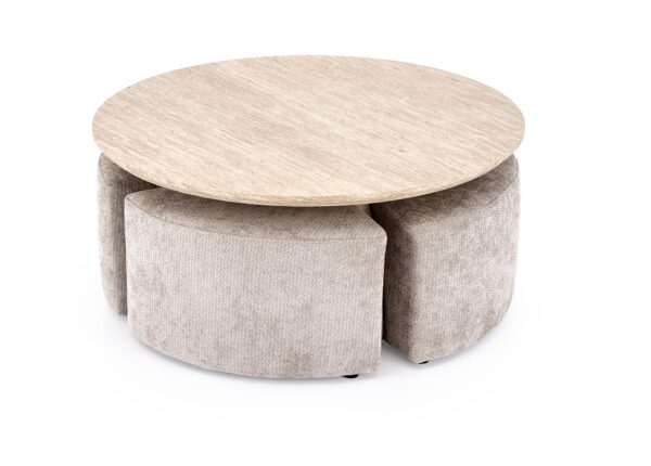 NUGAT žurnalinis staliukas su pouffes, stalas: travertinas, pufas: l.pilka