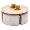 NUGAT žurnalinis staliukas su pouffes, stalas: travertinas, pufas: l.pilka