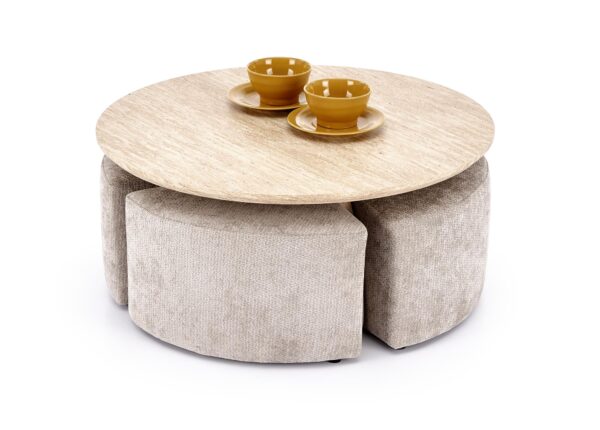 NUGAT žurnalinis staliukas su pouffes, stalas: travertinas, pufas: l.pilka