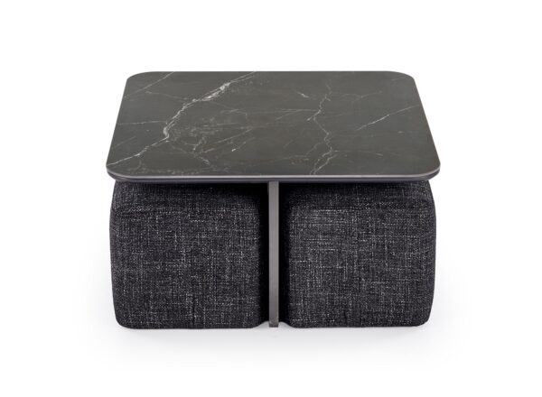 VICKER žurnalinis staliukas su pouffes, stalas viršus: juodas marmuras, rėmas: juoda / riešutas, pufas: d.pilka